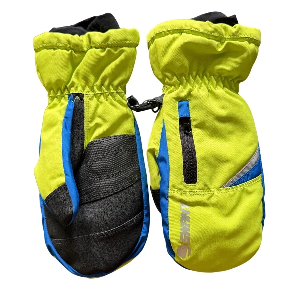 Swany Kids Ski Mittens Neon Green Blue Black Winter Snow Mitts Zipper Pocket